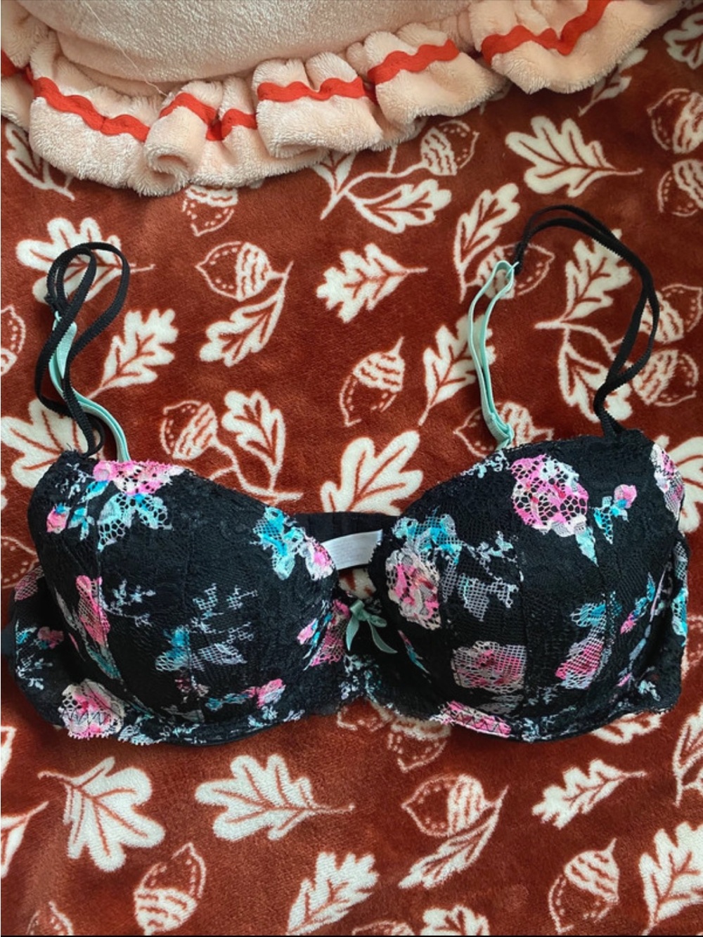 Candie's Black Lace Bra with Pink & Teal Floral Print